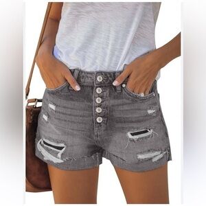 Zara Highrise Grey Distressed Exposed Button Fly Jean Shorts Denim Cotton Size 0